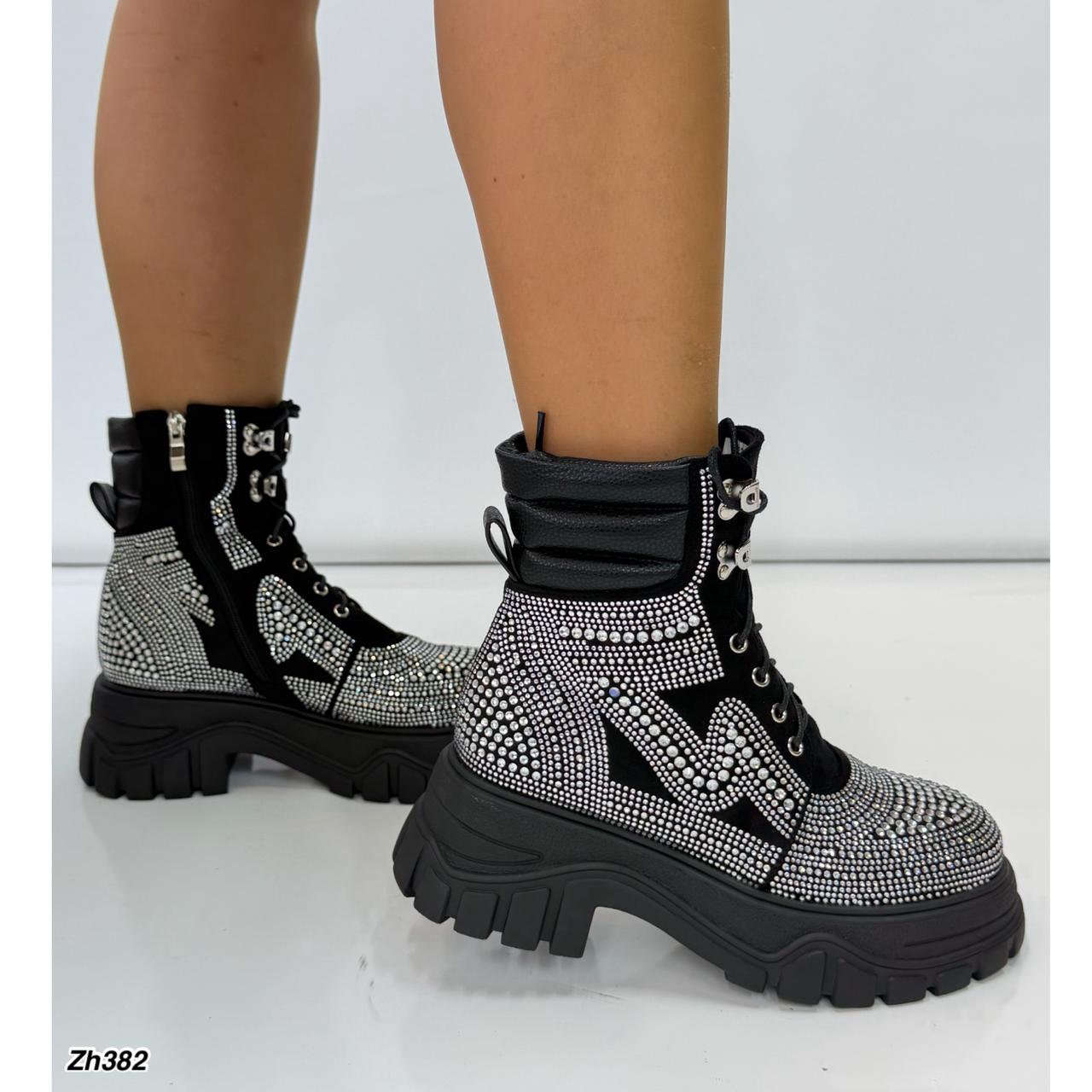 Botin negro apliques plateado brillantes suela 6cm  HX3195-B9647