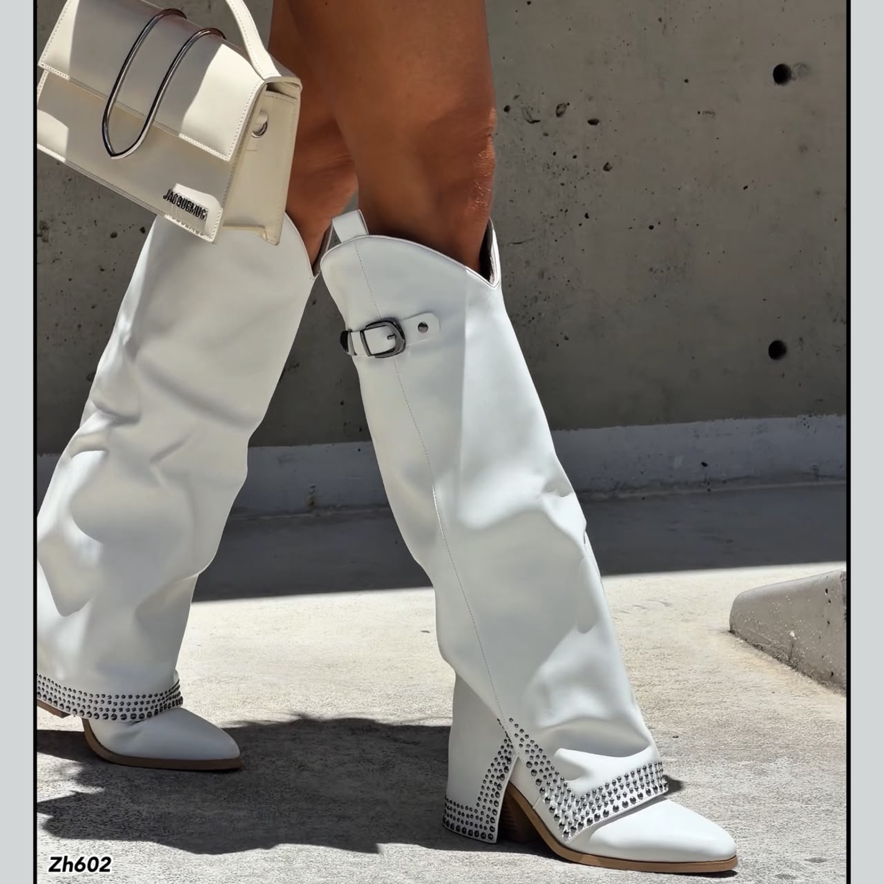 Bota texana blanco doblez apliques plateado tacon 8cm  HX2997-B9926