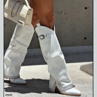 Bota texana blanco doblez apliques plateado tacon 8cm  HX2997-B9926