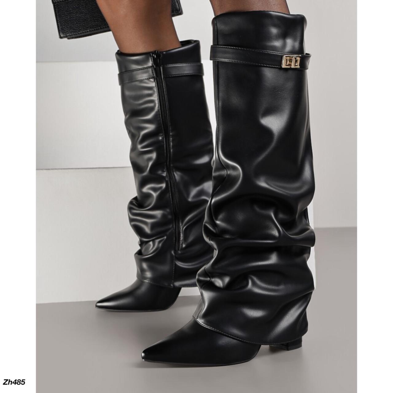 Bota caña alta negro doblez detalle dorado tacon 10cm  7665A  C-153