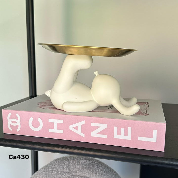 Articulo decorativo conejo blanco acostado bandeja dorado  22cm* 17cm* 11cm