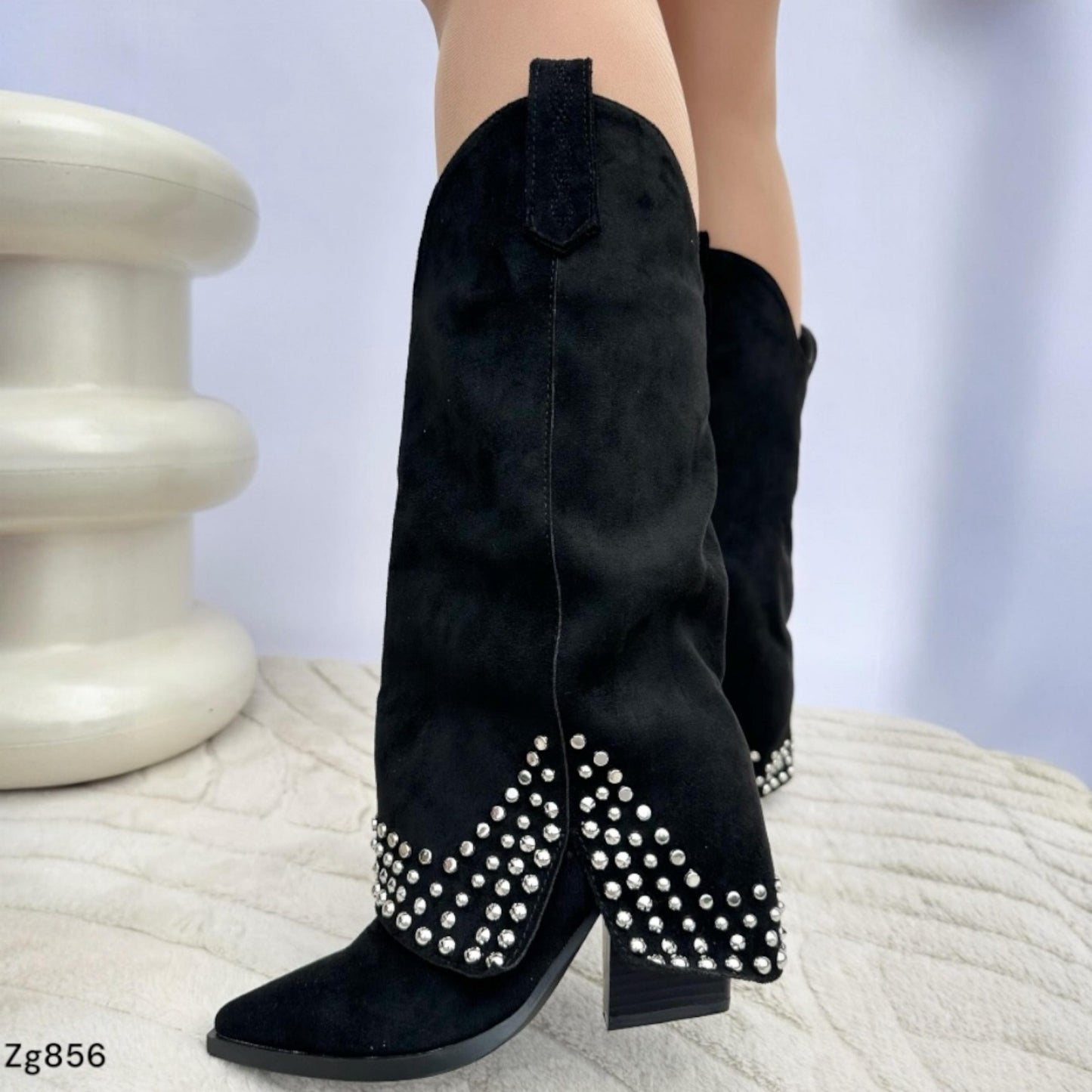 Bota texano negro doblez apliques plateado tacon 8cm  A9612  C-3