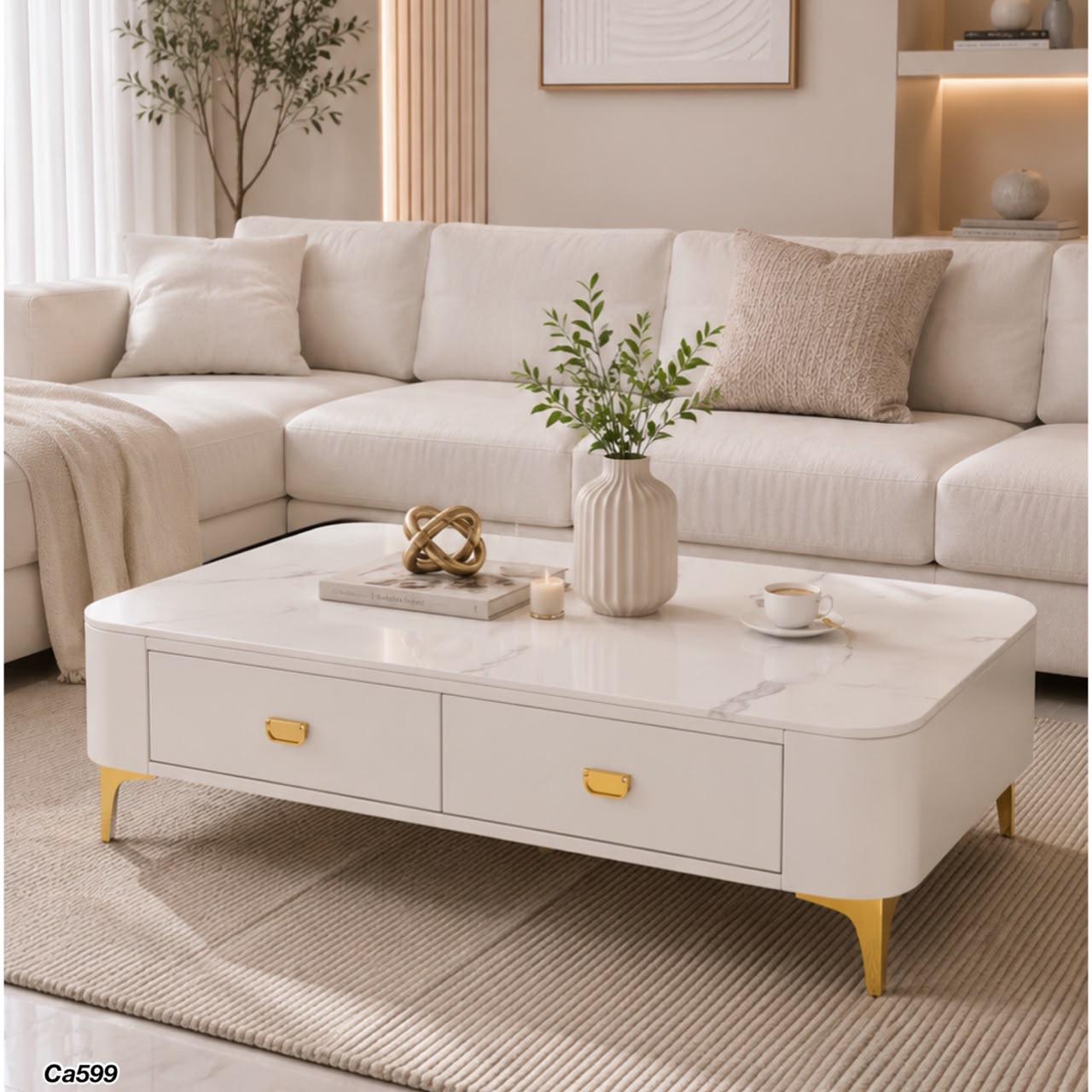 Mesa de centro piedra blanco base blanco  120cm* 60cm* 36cm