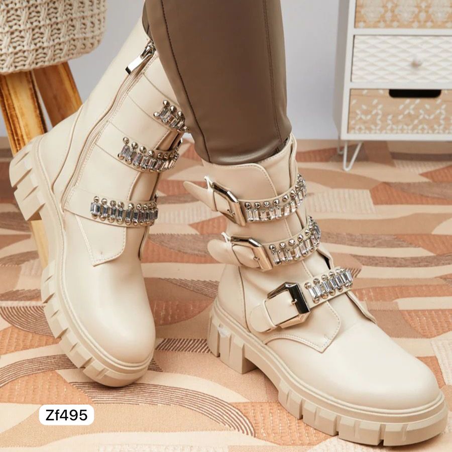 Botin beige correa aplique brillantes suela 5cm  K6054   C3