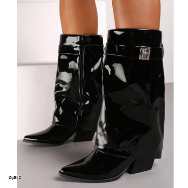 Bota negro charol caña media doblez detalle plateado tacon 7cm  9673A   C-4