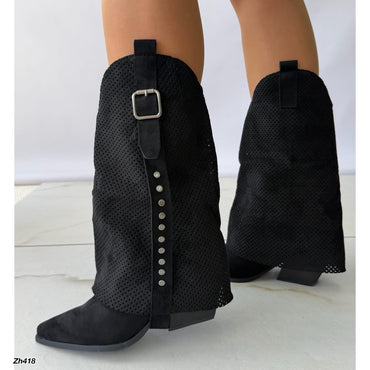 Bota texana negro doblez detalle malla apliques plateado tacon 7cm   G715  C-141