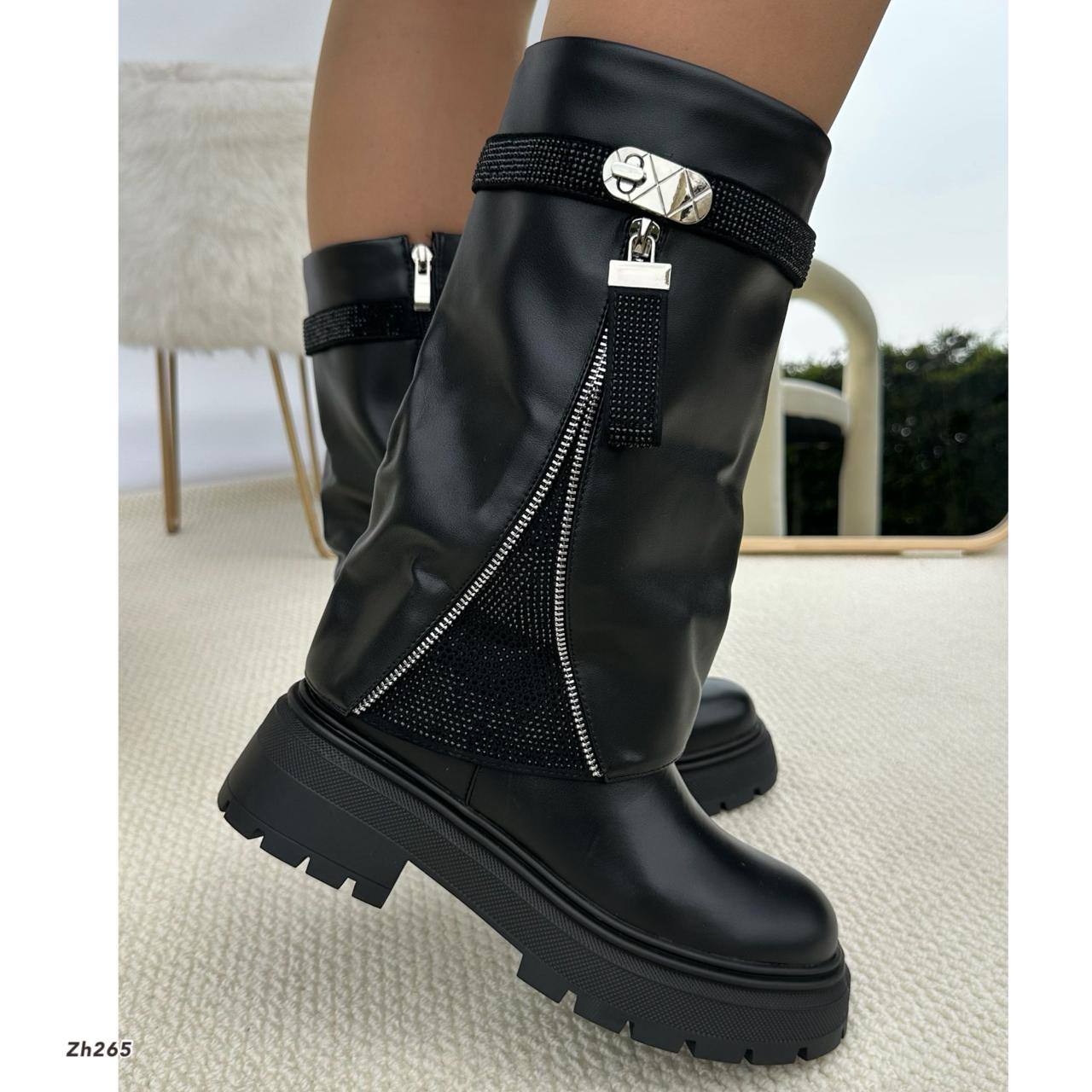 Botin negro doblez apliques brillante suela 5cm  255-082