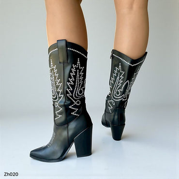 Bota texana negro apliques brillante tacon 10cm   255-006