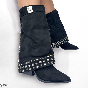 Bota negro caña media doblez apliques plateado tacon 8cm  A9595  C-3