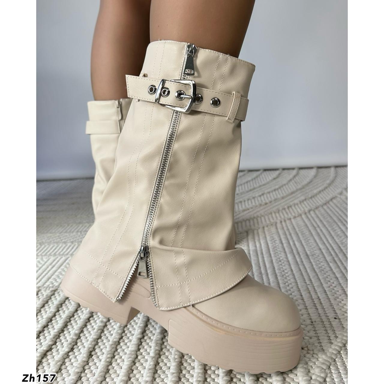 Bota beige doblez detalle correa cierre plateado suela 6cm  SM572  C- 69