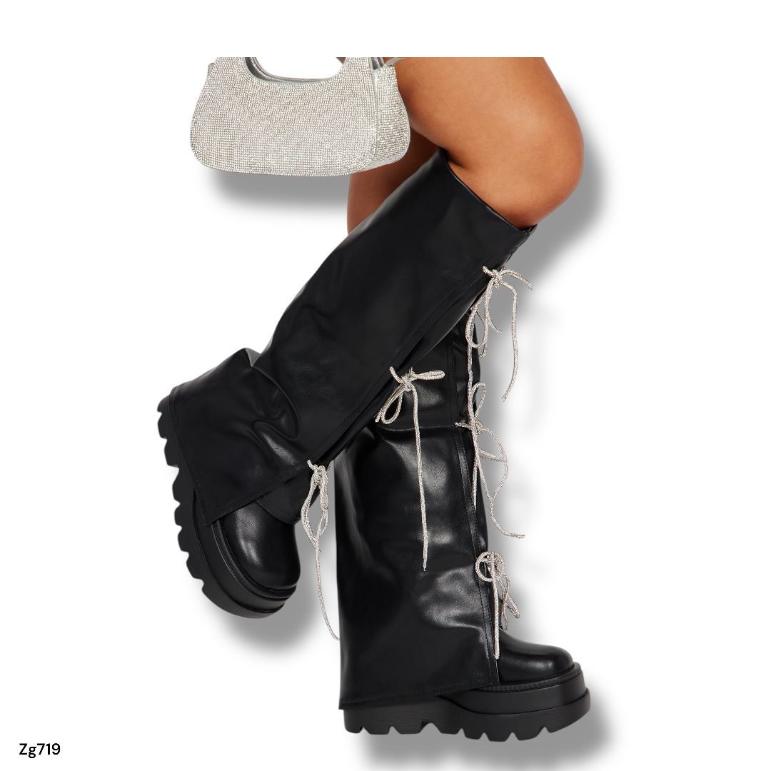 Bota caña alta negro doblez cordon apliques brillantes suela 7cm  52077   C-74