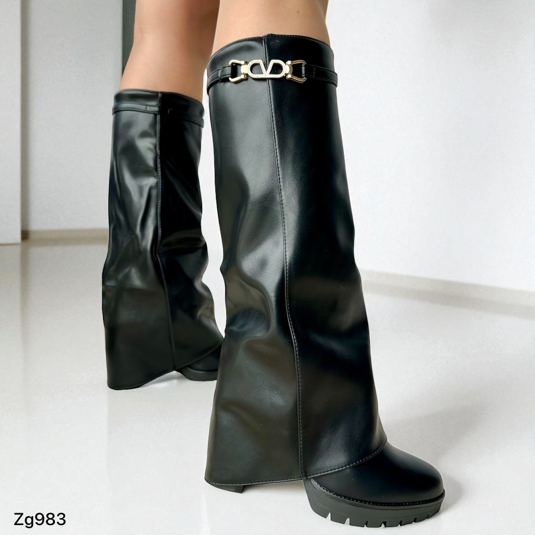 Bota caña alta negro doblez detalle dorado tacon 9cm  2P9C-X9525-07  C-45