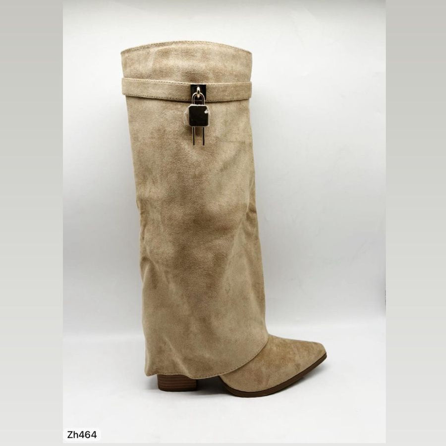 Bota caña alta beige doblez detalle dorado tacon 9cm  HJO755  C-146