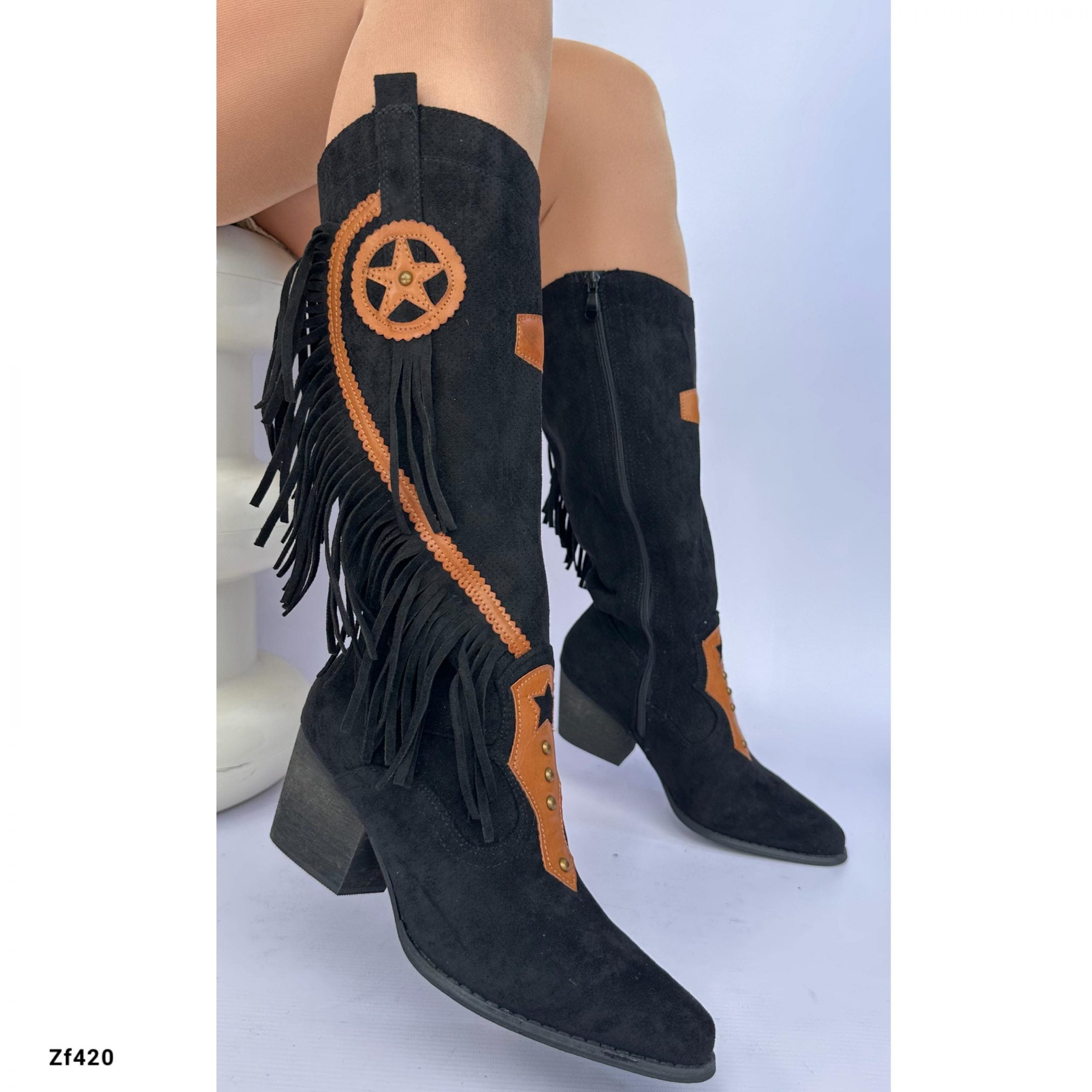 Bota caña alta texana negro flecos tacon 6cm   YZ19-236   C14