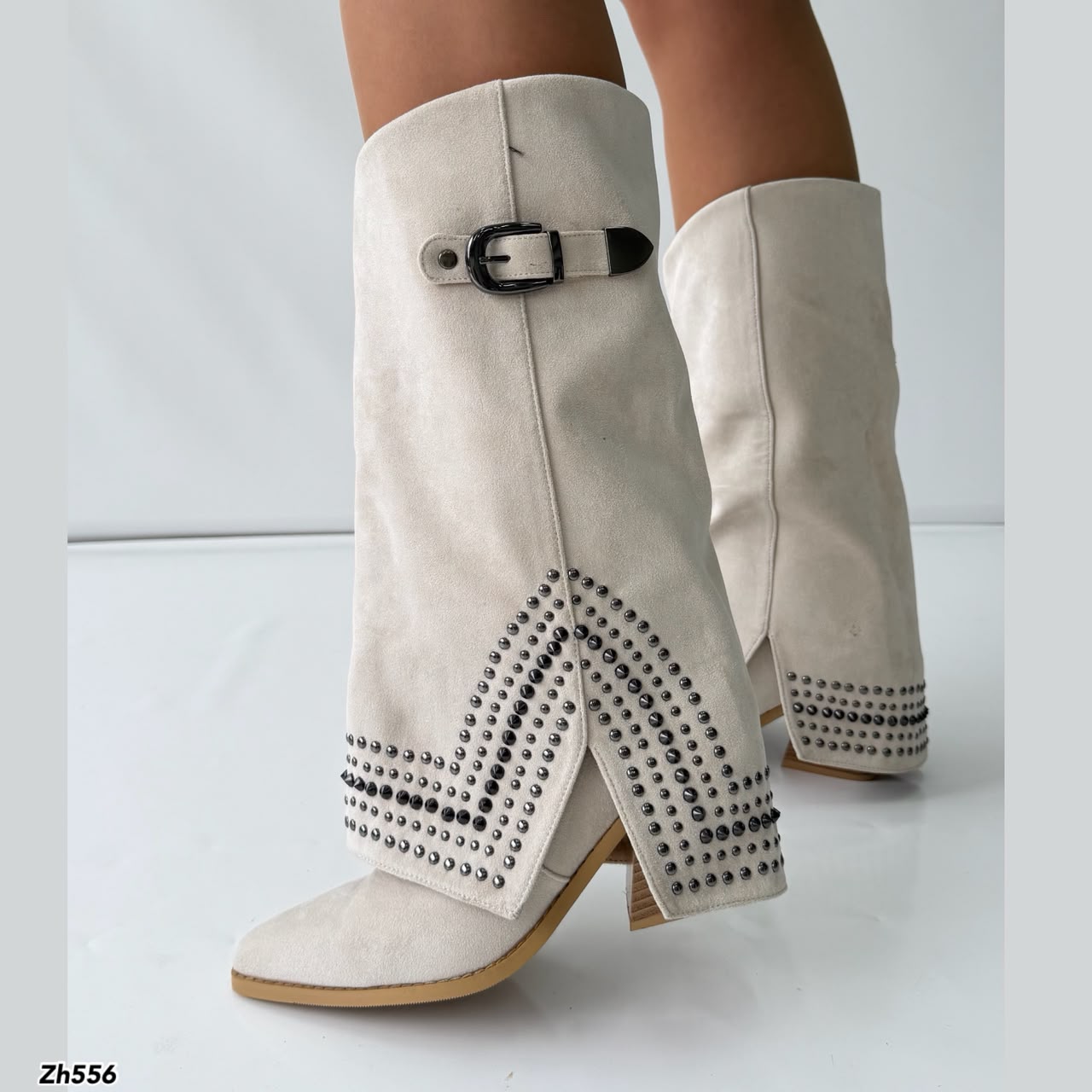 Bota texana beige doblez apliques plomo tacon 8cm  HX2997-B0140