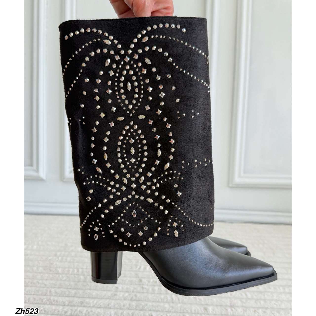 Bota texana negro doblez apliques plateado tacon 9cm  HX3077-C1381