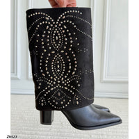 Bota texana negro doblez apliques plateado tacon 9cm  HX3077-C1381