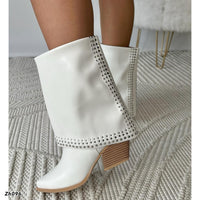Botin texano blanco doblez apliques plateado tacon 7cm  255-042