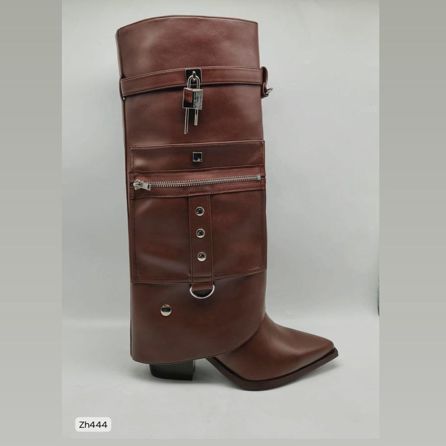 Bota texana café doblez detalle plateado tacon 8cm  HX3198-C1680