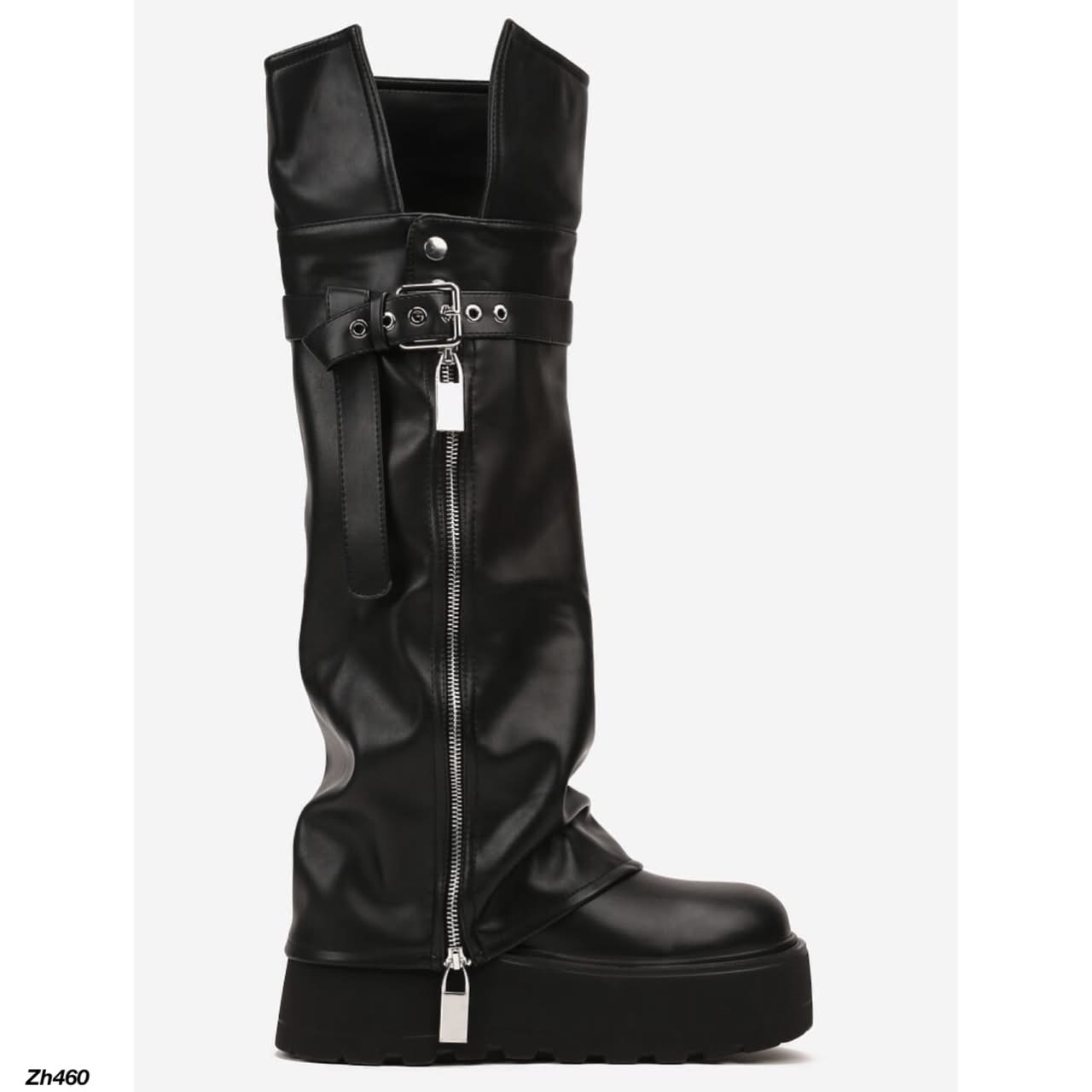 Bota caña alta negro doblez detalle correa y cierre plateado plataforma 8cm  K30  C-149