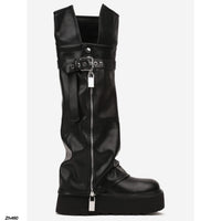Bota caña alta negro doblez detalle correa y cierre plateado plataforma 8cm  K30  C-149