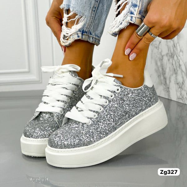 Tenis blanco apliques plateado suela 5cm  9290  C-36