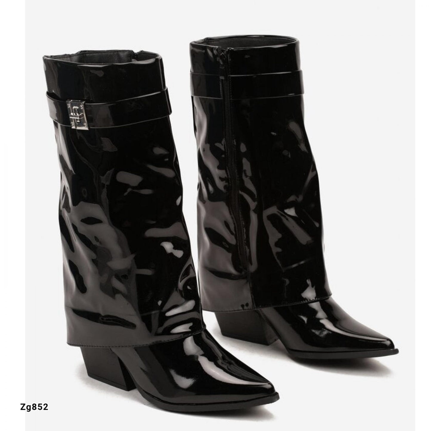 Bota negro charol caña media doblez detalle plateado tacon 7cm  9673A   C-4