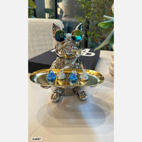 Articulo decorativo perro plateado sentado bandeja en las manos  19cm* 11,5cm* 23,5cm