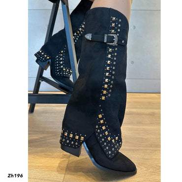 Bota texana negro doblez apliques dorado plomo tacon 8cm  HX3083-C1180