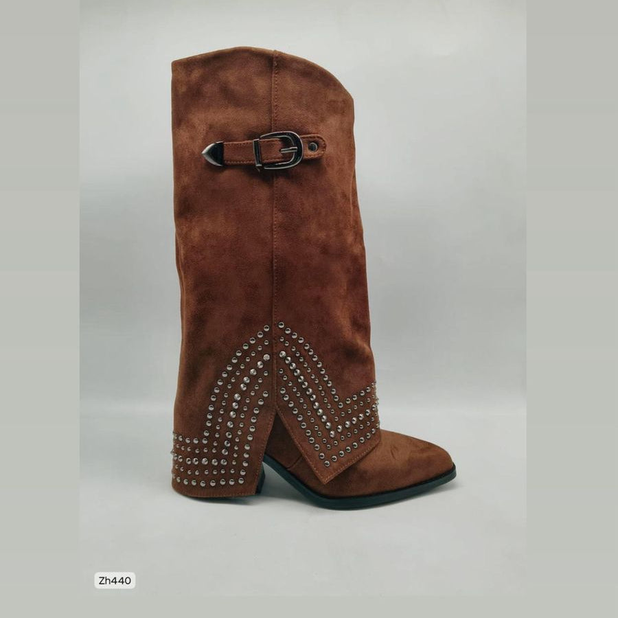 Bota texana café doblez apliques plateado tacon 8cm  HX2997-B0140