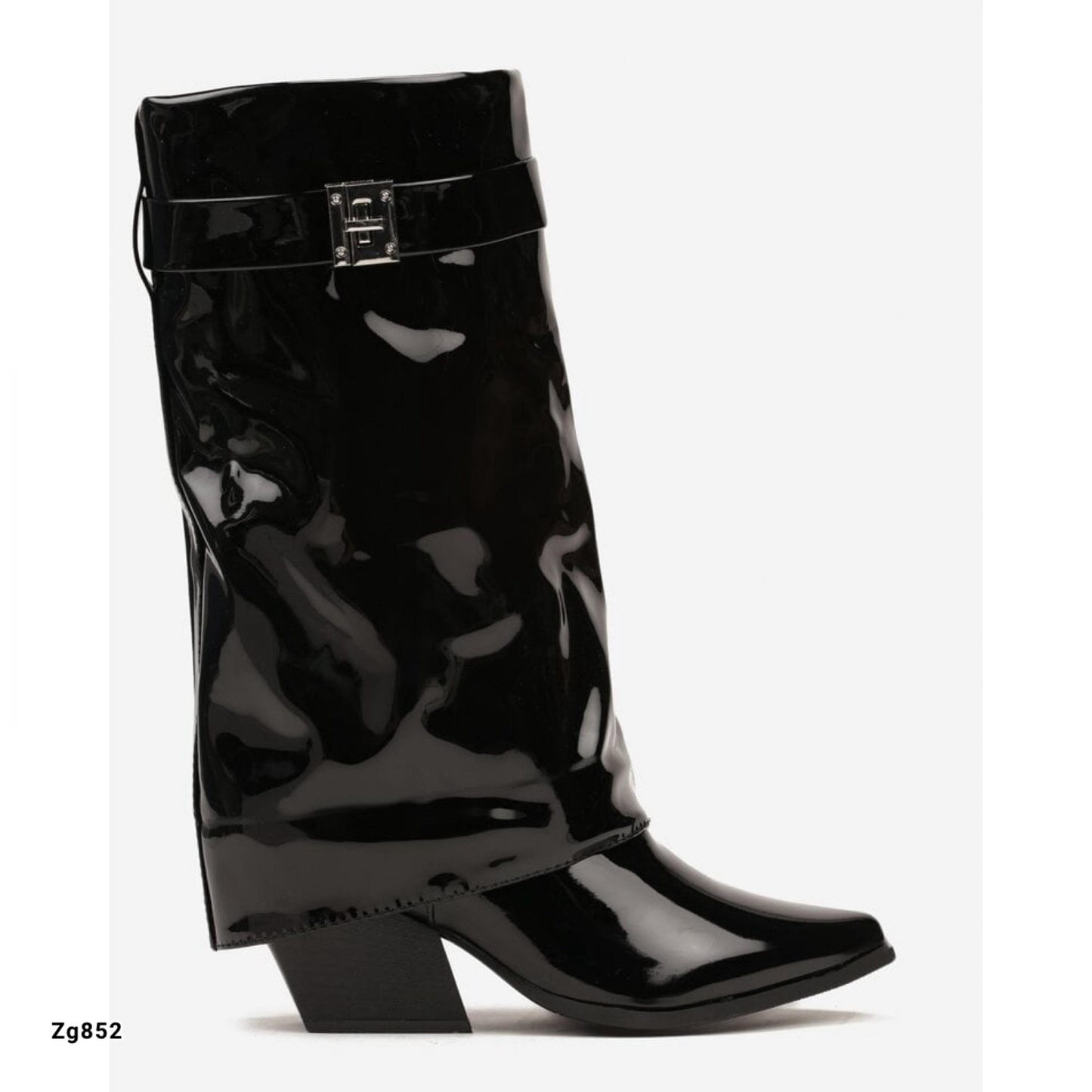 Bota negro charol caña media doblez detalle plateado tacon 7cm  9673A   C-4