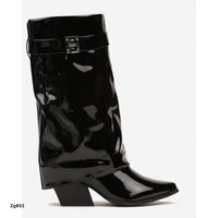 Bota negro charol caña media doblez detalle plateado tacon 7cm  9673A   C-4