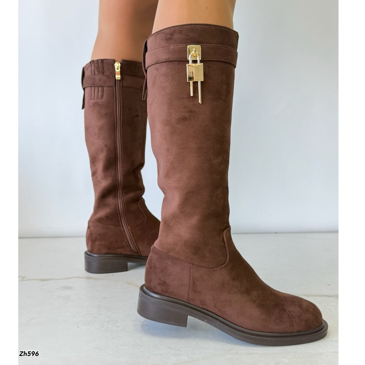 Bota caña alta café detalle dorado tacon 4cm   HX3373-C1799