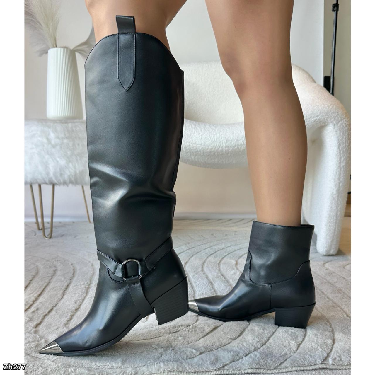 Bota texana negro detalle hebilla punta plateado tacon 6cm  255-151