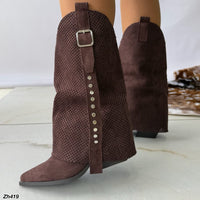 Bota texana café oscuro doblez detalle malla apliques plateado tacon 7cm   YY-93    C-141