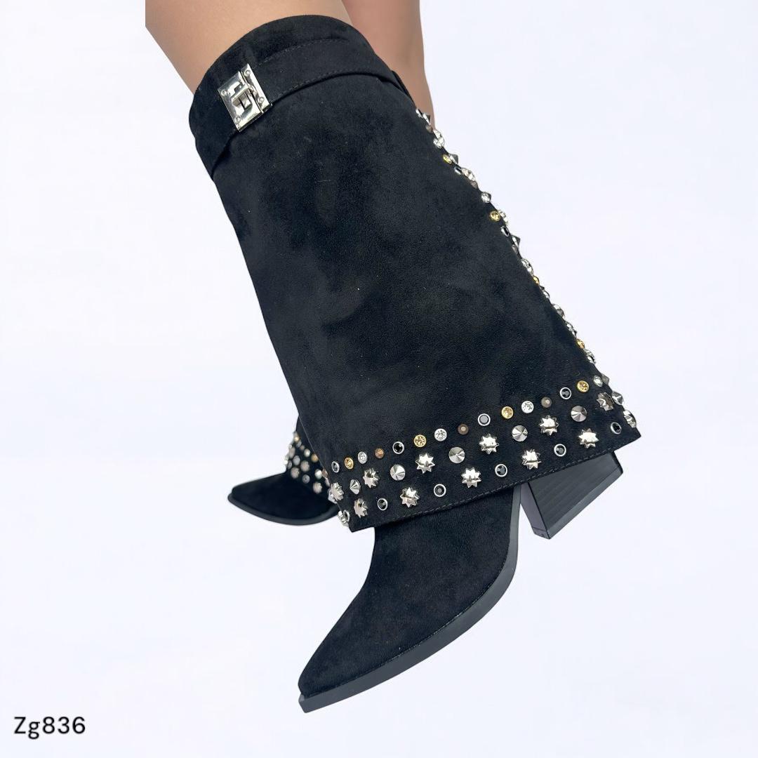 Bota negro caña media doblez apliques plateado tacon 8cm  A9595  C-3