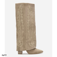Bota texana beige doblez apliques dorado tacon 9cm 7675A   C-48