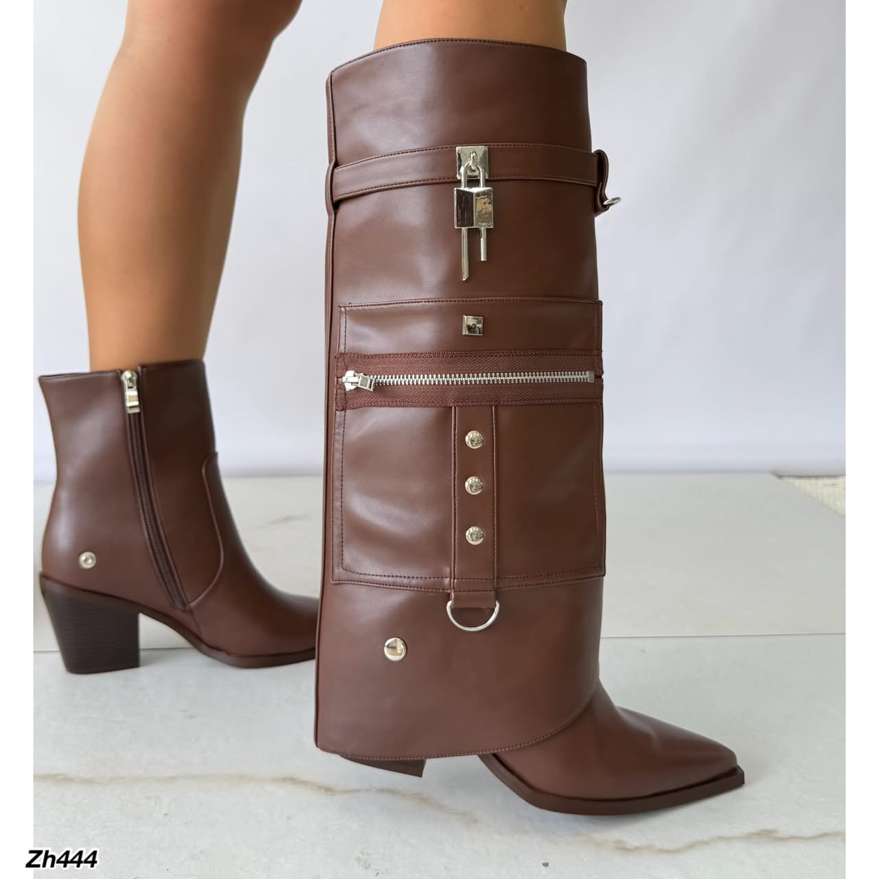 Bota texana café doblez detalle plateado tacon 8cm  HX3198-C1680