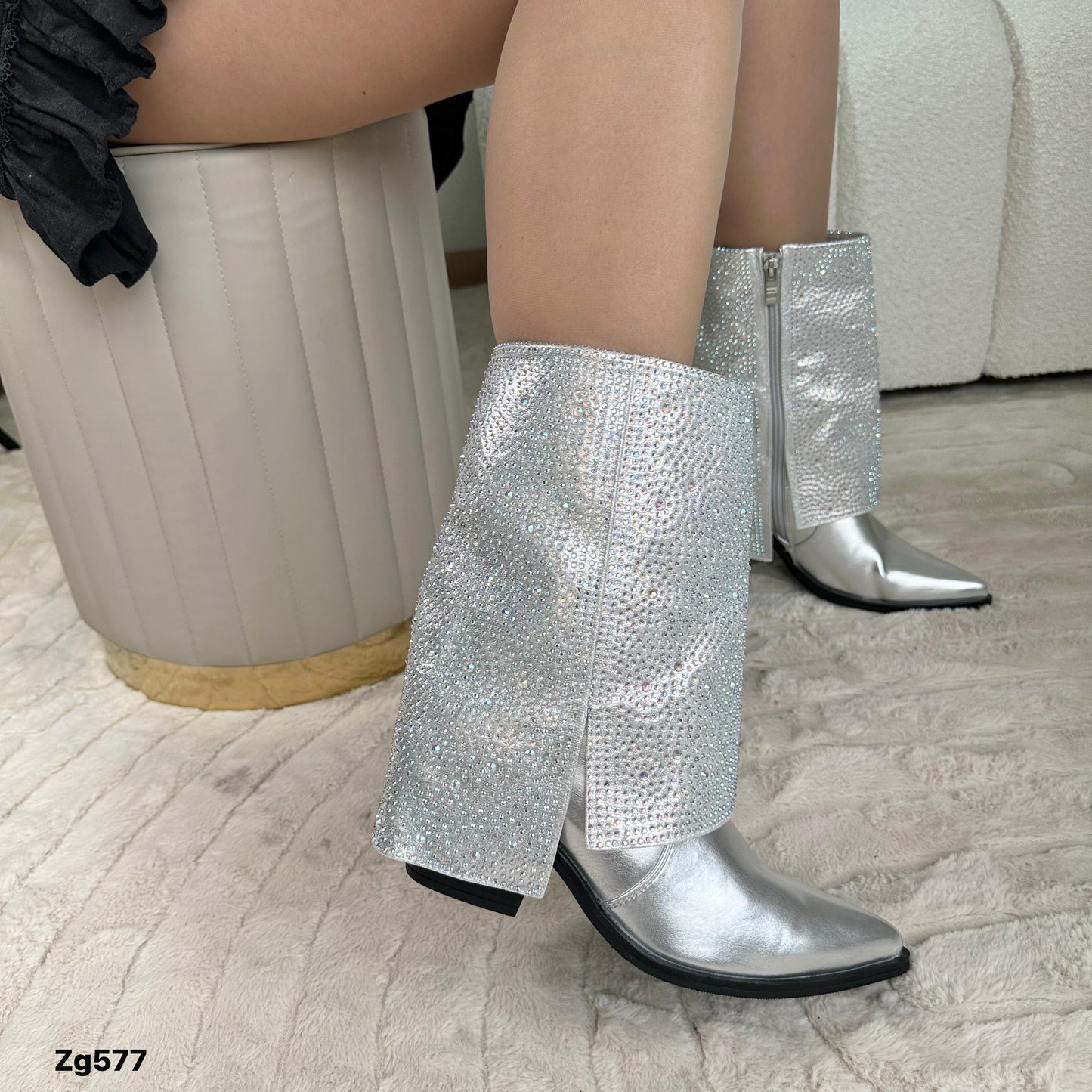 Botin plateado doblez apliques brillantes tacon 7cm 52011 C-70