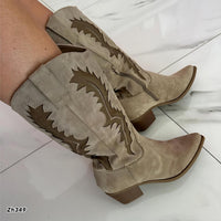 Bota texana beige detalles café tacon 6cm  A9998   C-122