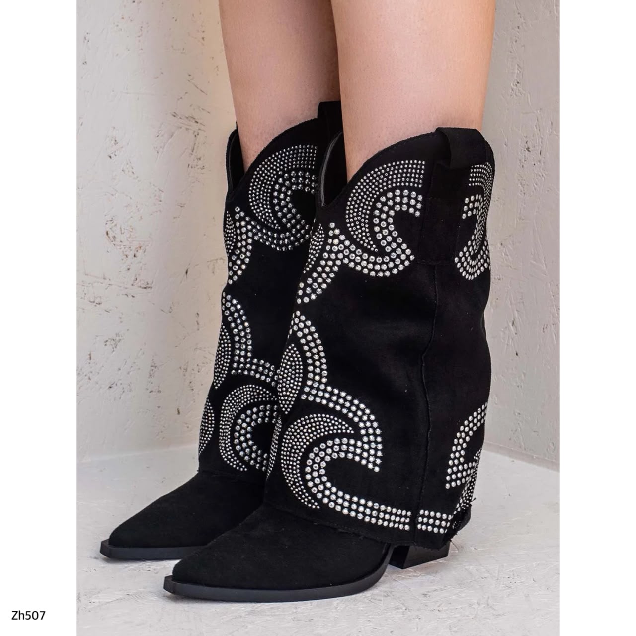 Bota texana negro doblez apliques plateado brillantes tacon 8cm  A9589   C-160