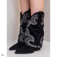 Bota texana negro doblez apliques plateado brillantes tacon 8cm  A9589   C-160