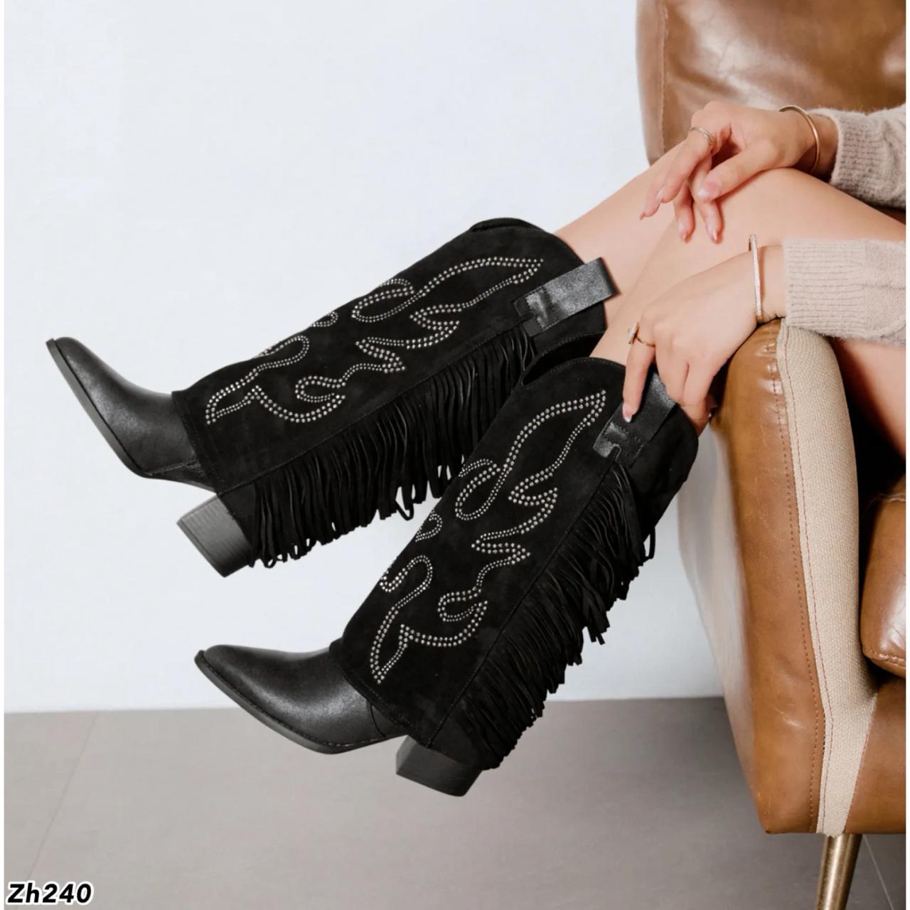 Bota texana negro doblez apliques plateado detalle flecos tacon 7cm  M-830  C-81