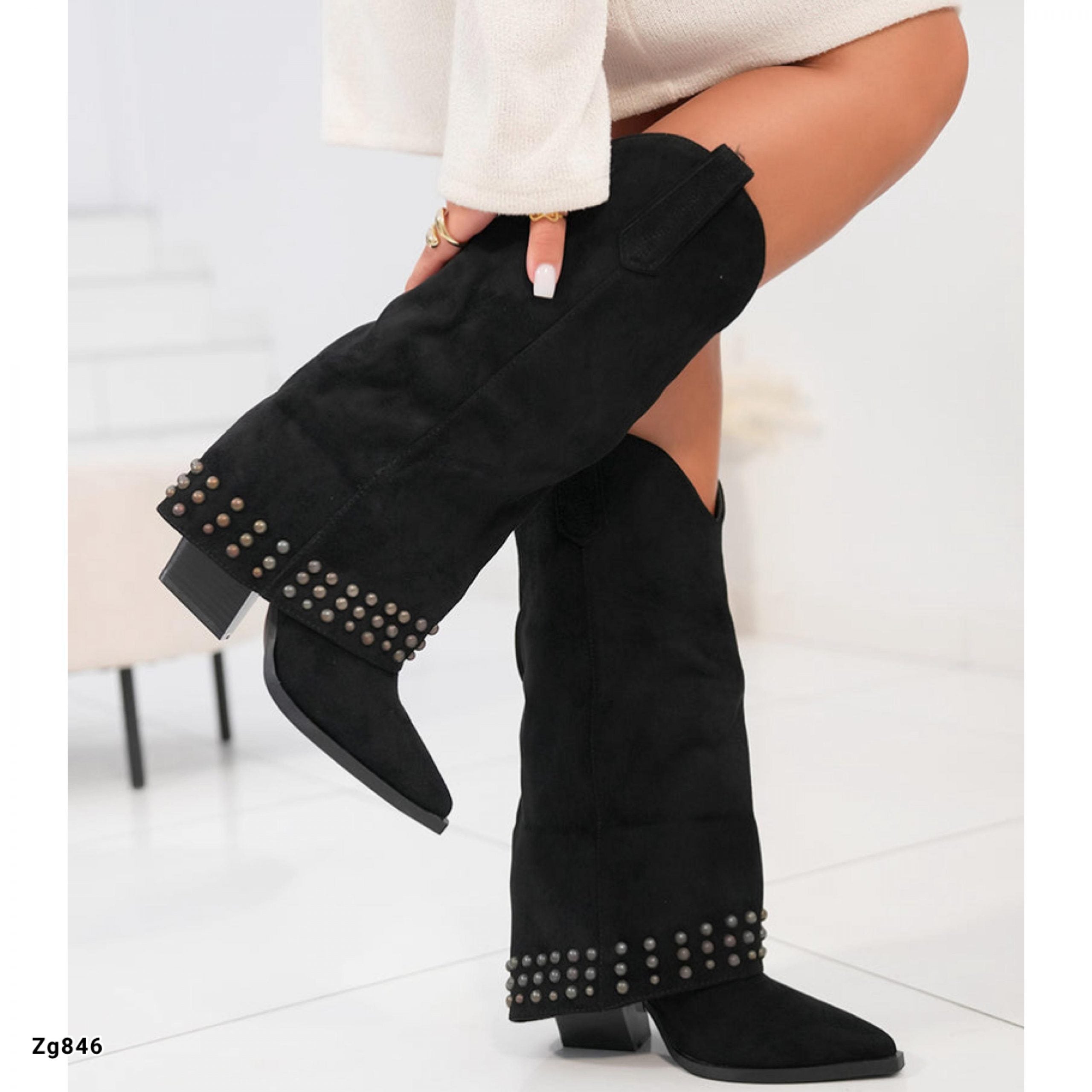 Bota texano negro doblez apliques tacon 8cm  9686A  C-4