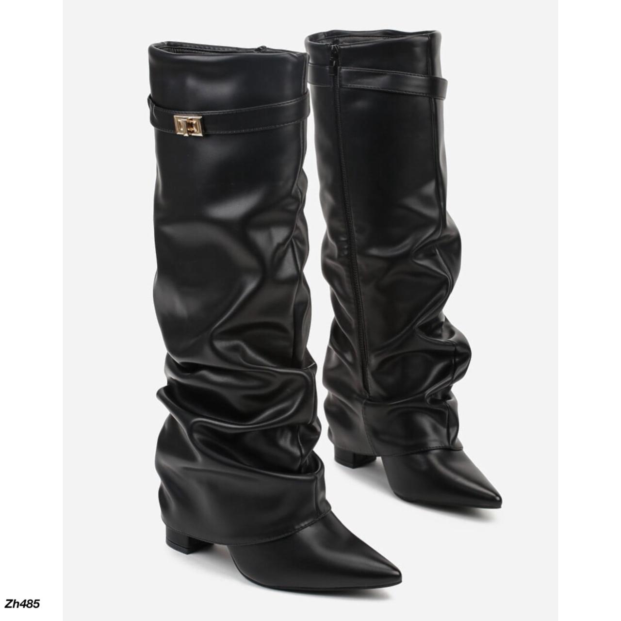 Bota caña alta negro doblez detalle dorado tacon 10cm  7665A  C-153