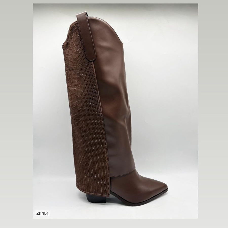 Bota texana café doblez apliques brillantes tacon 8cm  HX3191-B0060