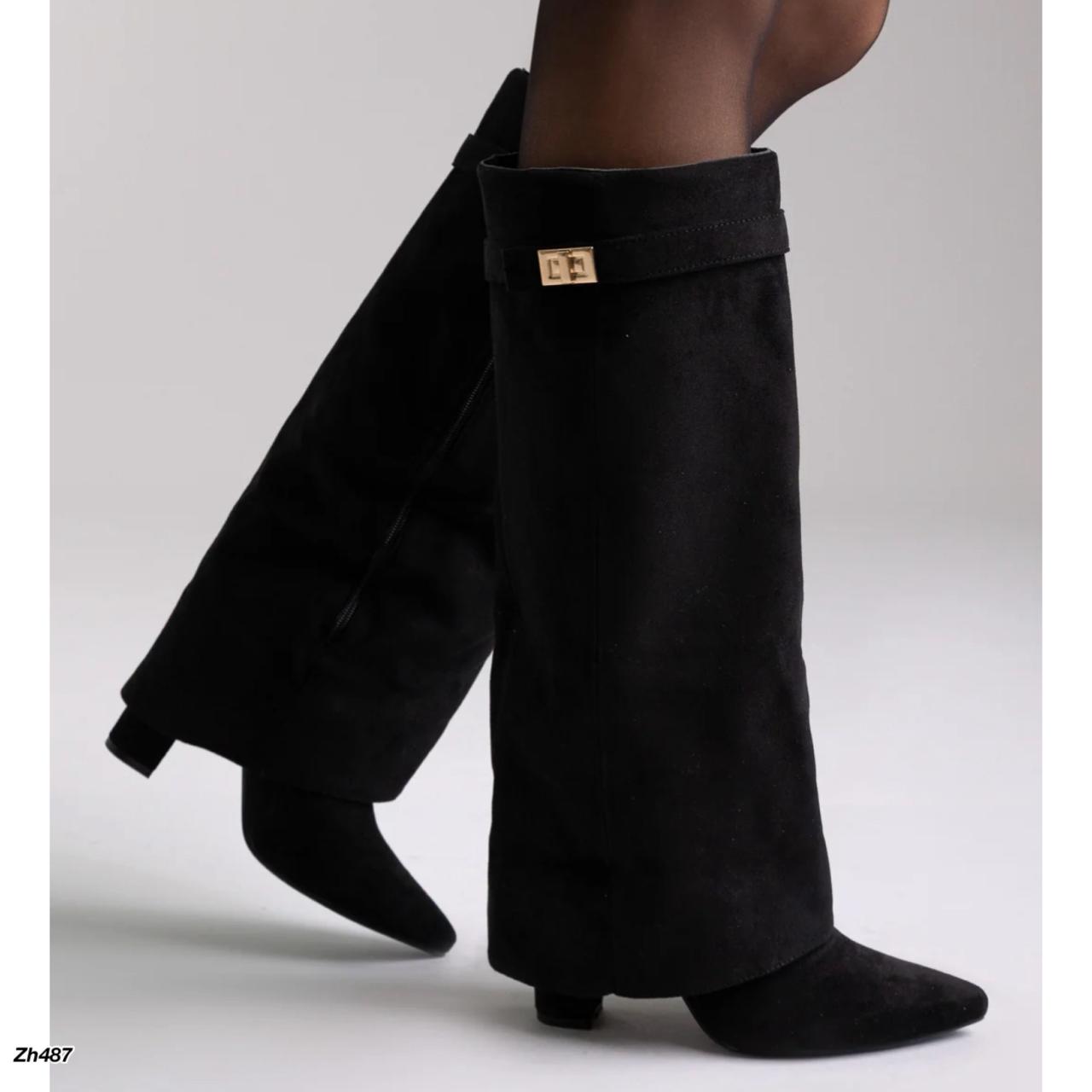 Bota caña alta negro doblez detalle dorado tacon 10cm   SM569-1  C-155