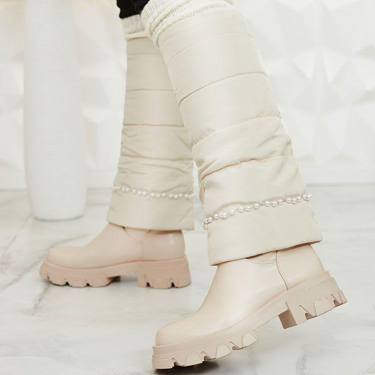 Bota caña alta beige aplique perlas suela 4cm  C-284   C7