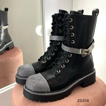 Botin negro apliques plateado correa suela 4cm  52022  C-45