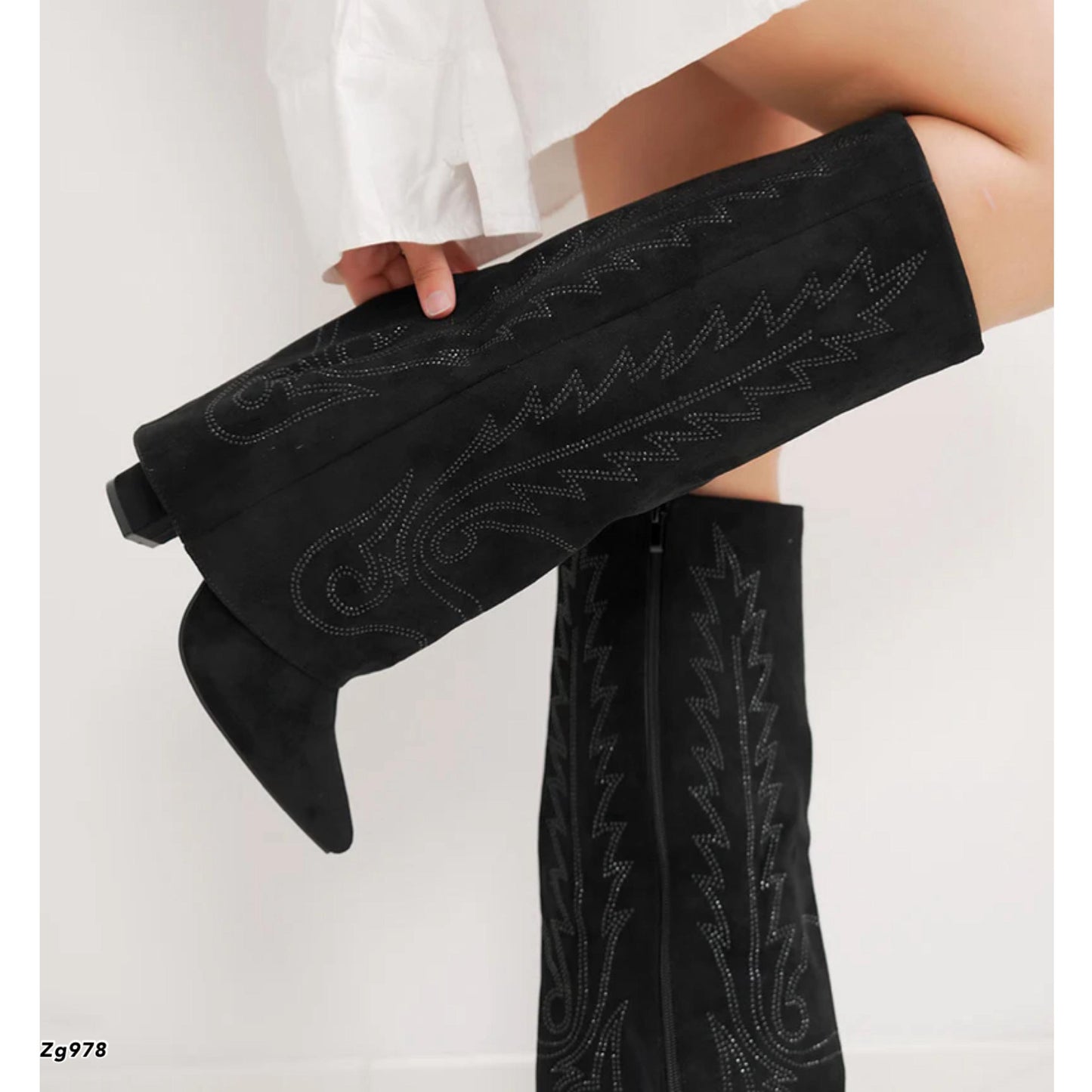 Bota texana negro doblez apliques brillantes tacon 9cm 7675A  C-48